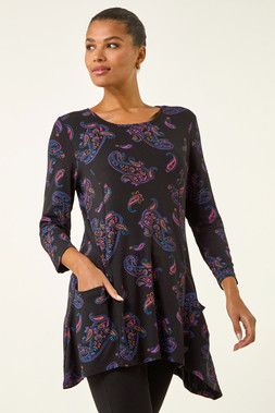 Roman Purple Paisley Pocket Detail Stretch Tunic Swing Top