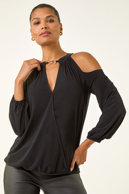 Roman Black V-Neck Cold Shoulder Wrap Stretch Top