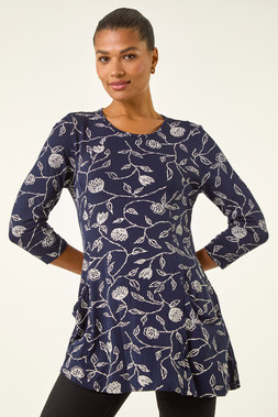 Roman Navy Floral Print Pocket Swing Stretch Top