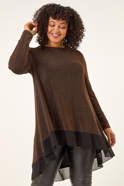 Roman Curve Bronze Glitter Chiffon Hem Tunic Top