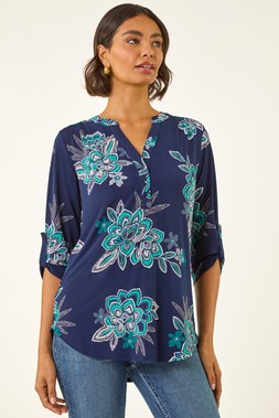 Roman Turquoise Floral Puff Print Stretch Shirt