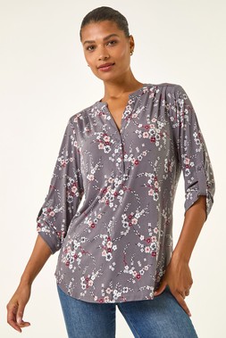 Roman Grey Floral Puff Print Stretch Shirt