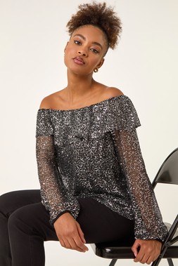 Roman Black Sequin Mesh Bardot Top
