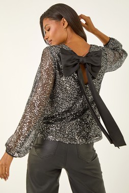 Black Sequin Satin Bow Back Top