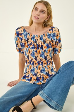 Roman Orange Floral Print Shirred Bardot Top