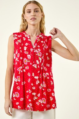 Roman Red Ditsy Floral Print Pintuck Top