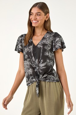 Roman Black Palm Tree Print Tie Front Top