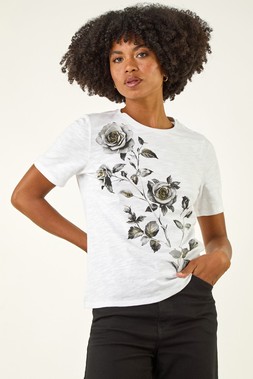 Roman Ivory Floral Print Cotton T-Shirt