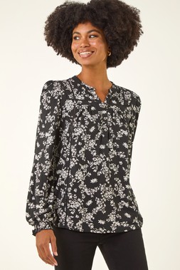 Roman Black Floral Print Long Sleeve Top