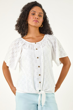 Roman White Broderie Tie Front Top