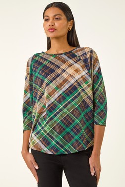 Roman Green Check Print Round Hem Top