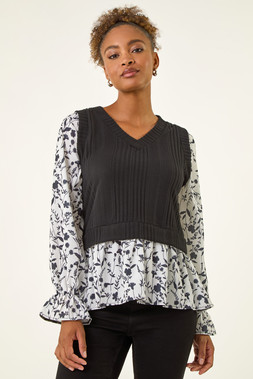 Roman Black Floral Mock Shirt Jumper