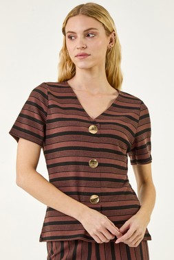 Roman Chocolate Stripe Mock Button Top