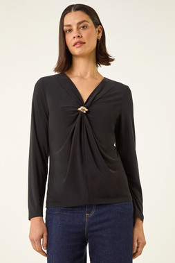 Roman Black V-Neck Metal Trim Stretch Top