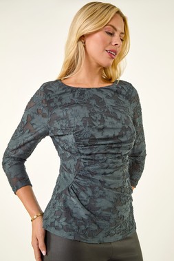 Roman Petite Grey Ruched Side Jacquard Top