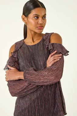Roman Pink Shimmer Cold Shoulder Plisse Top