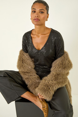 Roman Black Sequin Wrap Stretch Top