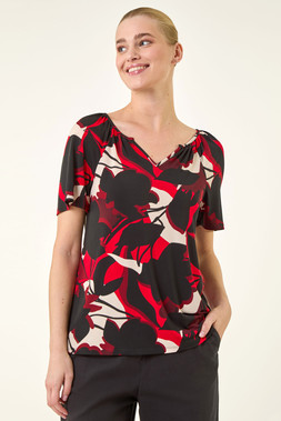 Roman Red Gathered Notch Neck Stretch Top