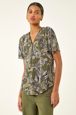Roman Khaki Paisley Print Zip Front Top