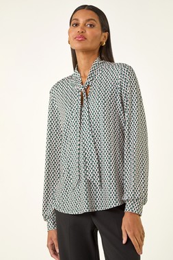 Roman Green Geo Print Tie Front Tunic Top