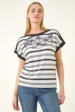 Roman Black Stripe Floral Print Stretch Top