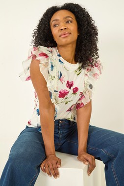 Petite White Floral Frill Top