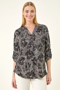 Roman Black Puff Print Notch Neck Shirt
