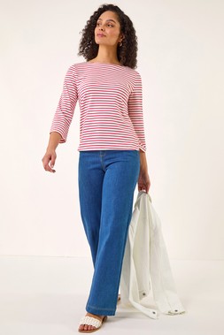 Roman Red Stripe Print Boat Neck Top