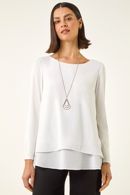 Roman Ivory Chiffon Overlay Necklace Top