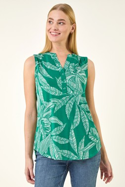 Roman Green Floral Puff Print Stretch Vest Top