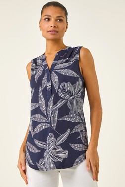 Roman Navy Floral Puff Print Stretch Vest