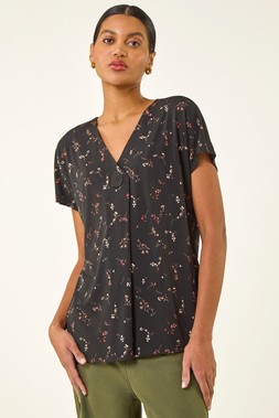 Roman Black Floral Print V-Neck Top
