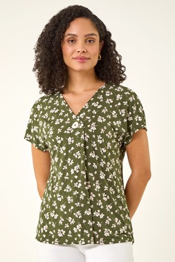 Roman Khaki Floral Puff Print V-Neck Top