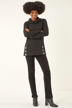 Roman Black Cowl Neck Buttoned Top