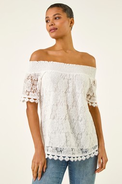 Roman Ivory Lace Detail Bardot Top