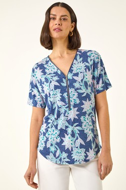 Roman Blue Floral Print Zip Detail Top