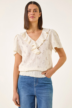 Roman Cream Textured Frill V-Neck Top