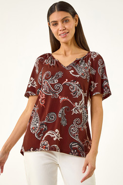 Roman Rust Paisley Puff Print Gathered Stretch Top