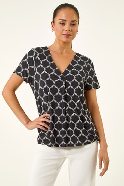 Petite Black Abstract V-Neck Stretch Top