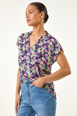 Roman Petite Navy Floral V-Neck Stretch Top
