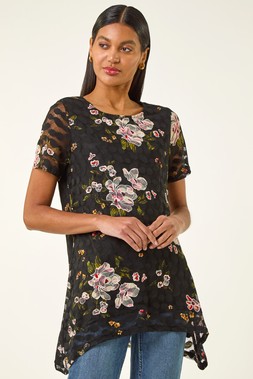 Roman Black Floral Print Lace Stretch Top