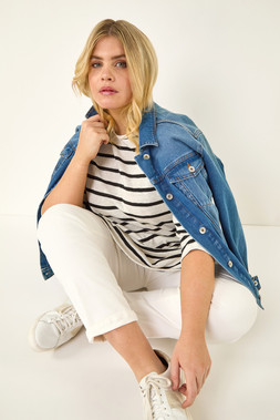 Roman Curve Ivory Stripe Print Tunic Top