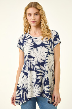 Roman Palm Leaf Print Hanky Hem Tunic Top