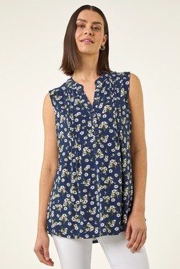 Roman Navy Ditsy Floral Pintuck Shirt