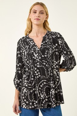 Roman Black Ditsy Print Pintuck Stretch Shirt