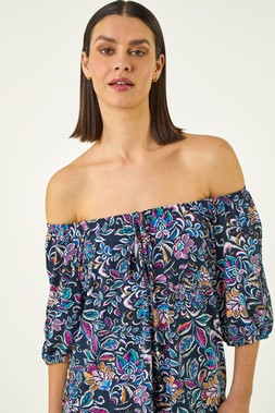 Roman Floral Print Bardot Bubble Hem Top