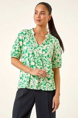 Petite Green Floral Tie Front Top