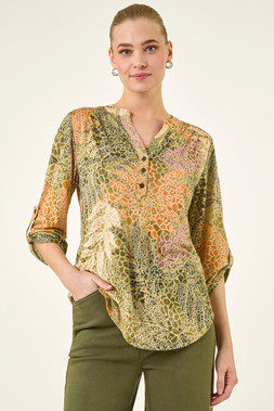 Roman Khaki Leaf Print Burnout Shirt