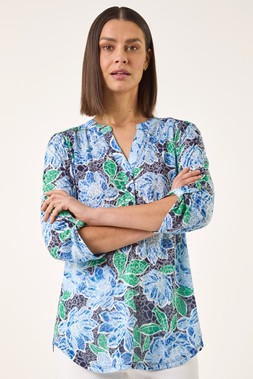 Roman Blue Floral Print Burnout Shirt