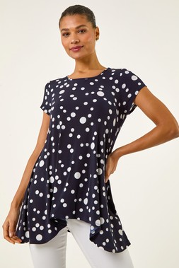 Roman Navy Spot Print Hanky Hem Stretch Top